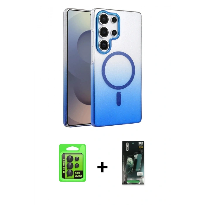 MARSİLYAN™- Galaxy S23 Ultra Kılıf Ahenk Doku Özel Seri - Siyah 360 Mat Full Body Arka Koruyucu + Raze Metal Kamera Lens - SH
