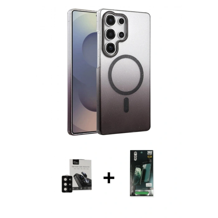 MARSİLYAN™- Galaxy S23 Ultra Kılıf Ahenk Doku Özel Seri - Siyah 360 Mat Full Body Arka Koruyucu + PVD Metal Kamera Lens - SH