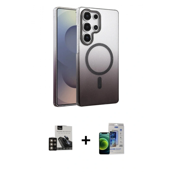 MARSİLYAN™- Galaxy S23 Ultra Kılıf Ahenk Doku Özel Seri - Siyah Durable Full Glue Curved Cam + PVD Metal Kamera Lens - GD
