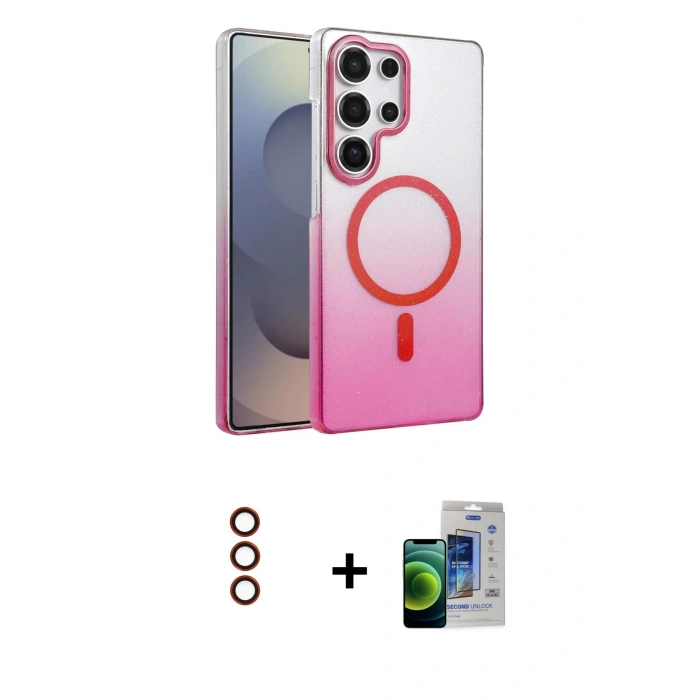 MARSİLYAN™- Galaxy S23 Ultra Kılıf Ahenk Doku Özel Seri - Siyah Durable Full Glue Curved Cam + Kırmızı Metal Kamera Lens