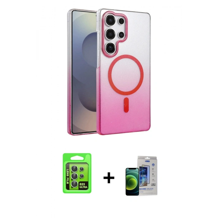 MARSİLYAN™- Galaxy S23 Ultra Kılıf Ahenk Doku Özel Seri - Siyah Durable Full Glue Curved Cam + Raze Metal Kamera Lens - YL