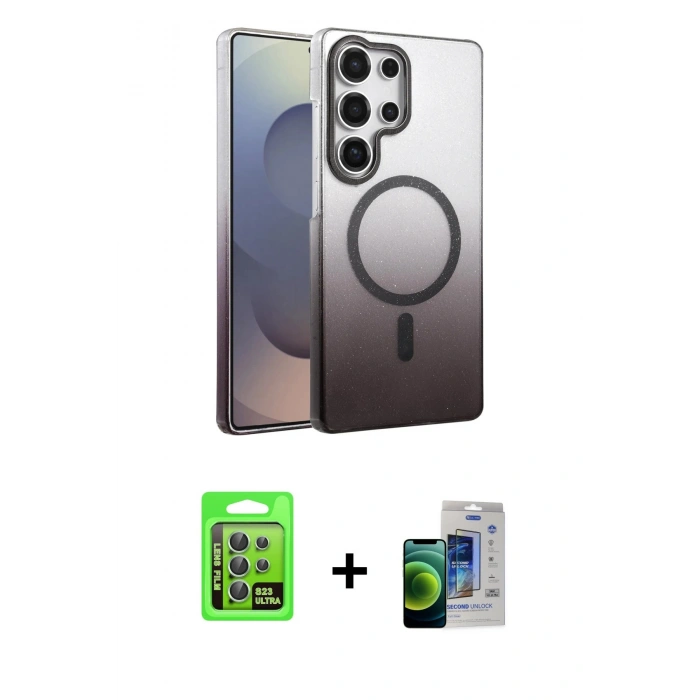 MARSİLYAN™- Galaxy S23 Ultra Kılıf Ahenk Doku Özel Seri - Siyah Durable Full Glue Curved Cam + Raze Metal Kamera Lens - YL