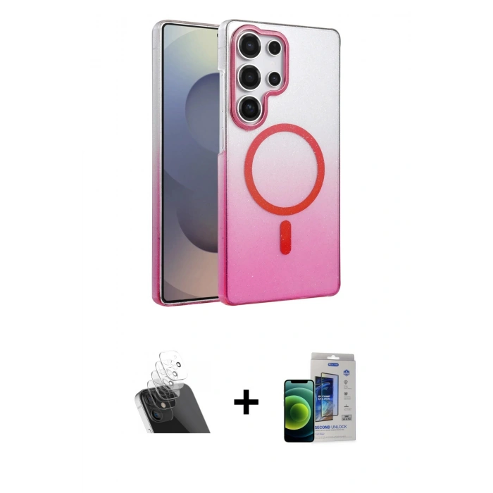 MARSİLYAN™- Galaxy S23 Ultra Kılıf Ahenk Doku Özel Seri - Siyah Durable Full Glue Curved Cam + Kamera Lens Koruma Cam - SF
