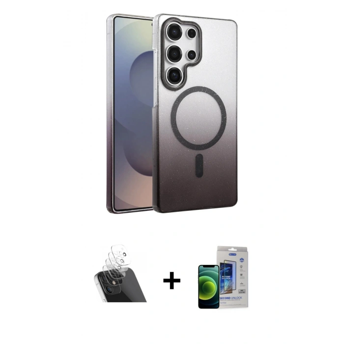 MARSİLYAN™- Galaxy S23 Ultra Kılıf Ahenk Doku Özel Seri - Siyah Durable Full Glue Curved Cam + Kamera Lens Koruma Cam - SF