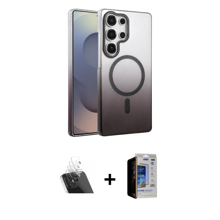 MARSİLYAN™- Galaxy S23 Ultra Kılıf Ahenk Doku Özel Seri - Siyah Durable Full Glue Curved Hayalet Cam + Kamera Lens Koruma Cam - SF