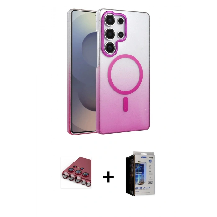 MARSİLYAN™- Galaxy S23 Ultra Kılıf Ahenk Doku Özel Seri - Siyah Durable Full Glue Curved Hayalet Cam + Valdez Metal Kamera Lens - KI