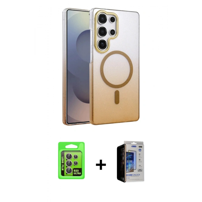 MARSİLYAN™- Galaxy S23 Ultra Kılıf Ahenk Doku Özel Seri - Siyah Durable Full Glue Curved Hayalet Cam + Raze Metal Kamera Lens - LA