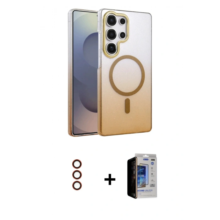 MARSİLYAN™- Galaxy S23 Ultra Kılıf Ahenk Doku Özel Seri - Siyah Durable Full Glue Curved Hayalet Cam + Metal Kamera Lens - KI