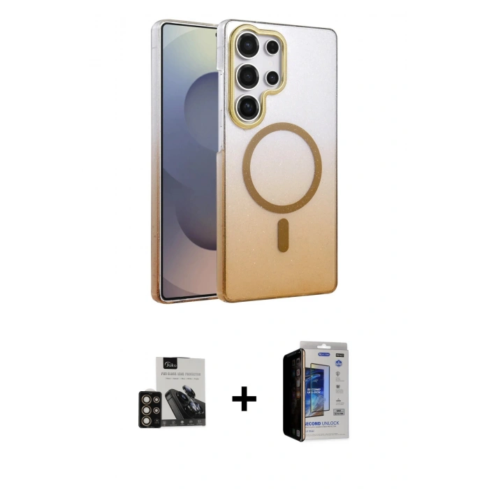MARSİLYAN™- Galaxy S23 Ultra Kılıf Ahenk Doku Özel Seri - Siyah Durable Full Glue Curved Hayalet Cam + PVD Metal Kamera Lens - GD