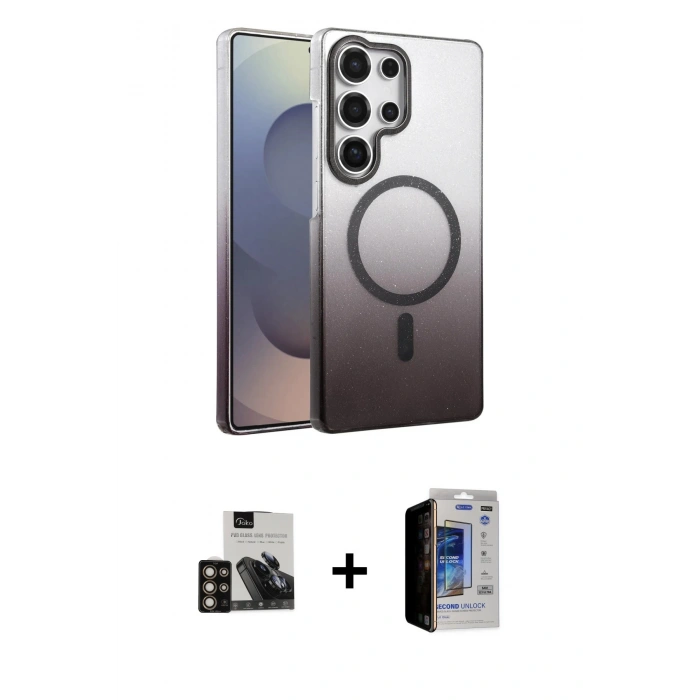 MARSİLYAN™- Galaxy S23 Ultra Kılıf Ahenk Doku Özel Seri - Siyah Durable Full Glue Curved Hayalet Cam + PVD Metal Kamera Lens - GD