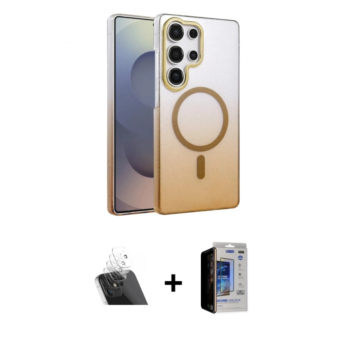 MARSİLYAN™- Galaxy S23 Ultra Kılıf Ahenk Doku Özel Seri - Siyah Durable Full Glue Curved Hayalet Cam + Kamera Lens Koruma Cam - SF