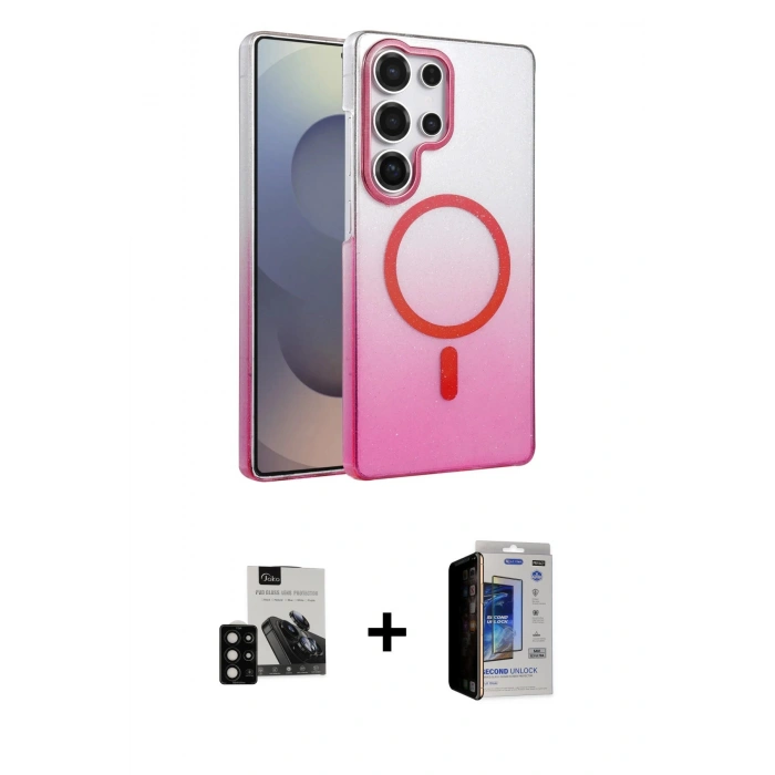 MARSİLYAN™- Galaxy S23 Ultra Kılıf Ahenk Doku Özel Seri - Siyah Durable Full Glue Curved Hayalet Cam + PVD Metal Kamera Lens - SH