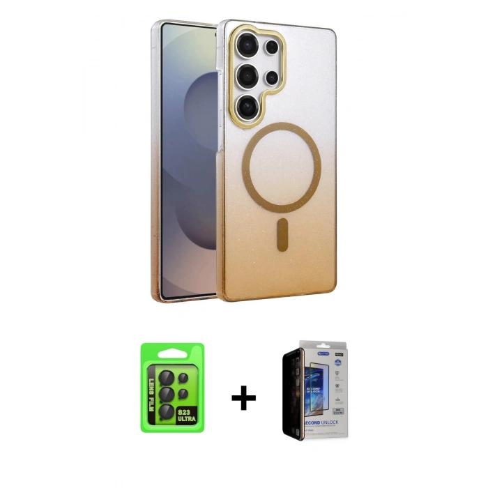 MARSİLYAN™- Galaxy S23 Ultra Kılıf Ahenk Doku Özel Seri - Siyah Durable Full Glue Curved Hayalet Cam + Raze Metal Kamera Lens - SH