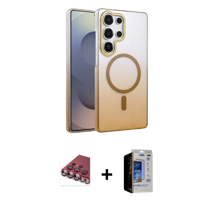 MARSİLYAN™- Galaxy S23 Ultra Kılıf Ahenk Doku Özel Seri - Siyah Durable Full Glue Curved Hayalet Cam + Valdez Metal Kamera Lens - KI