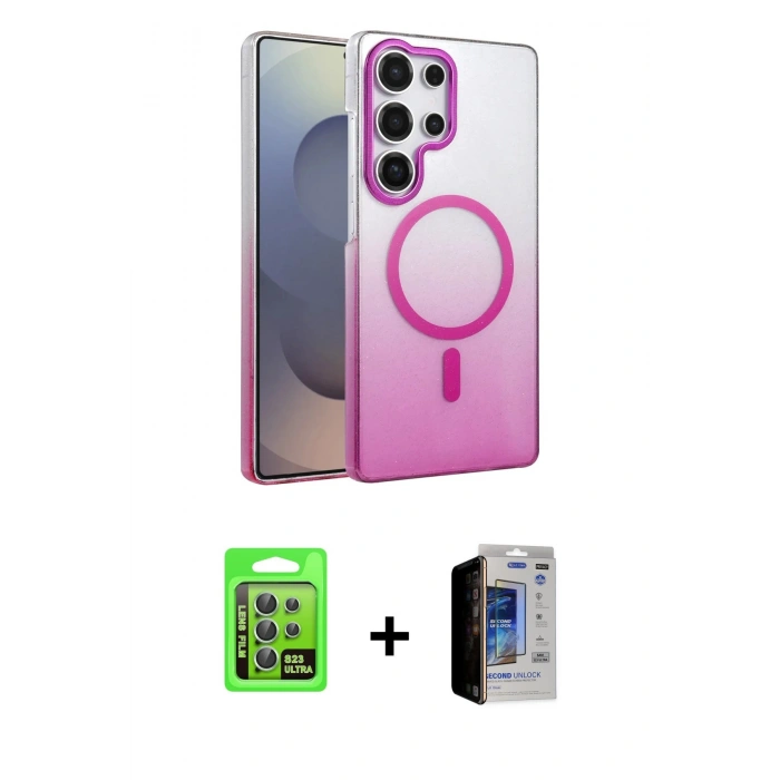 MARSİLYAN™- Galaxy S23 Ultra Kılıf Ahenk Doku Özel Seri - Siyah Durable Full Glue Curved Hayalet Cam + Raze Metal Kamera Lens - YL