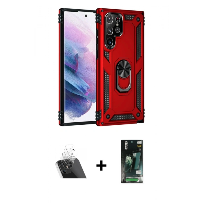 MARSİLYAN™- Galaxy S23 Ultra Kılıf Ahenk Klasik Koleksiyonu - Şeffaf 360 Full Body Arka Koruyucu + Kamera Lens Koruma Cam - SF