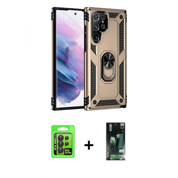 MARSİLYAN™- Galaxy S23 Ultra Kılıf Ahenk Klasik Koleksiyonu - Siyah 360 Mat Full Body Arka Koruyucu + Raze Metal Kamera Lens - SH