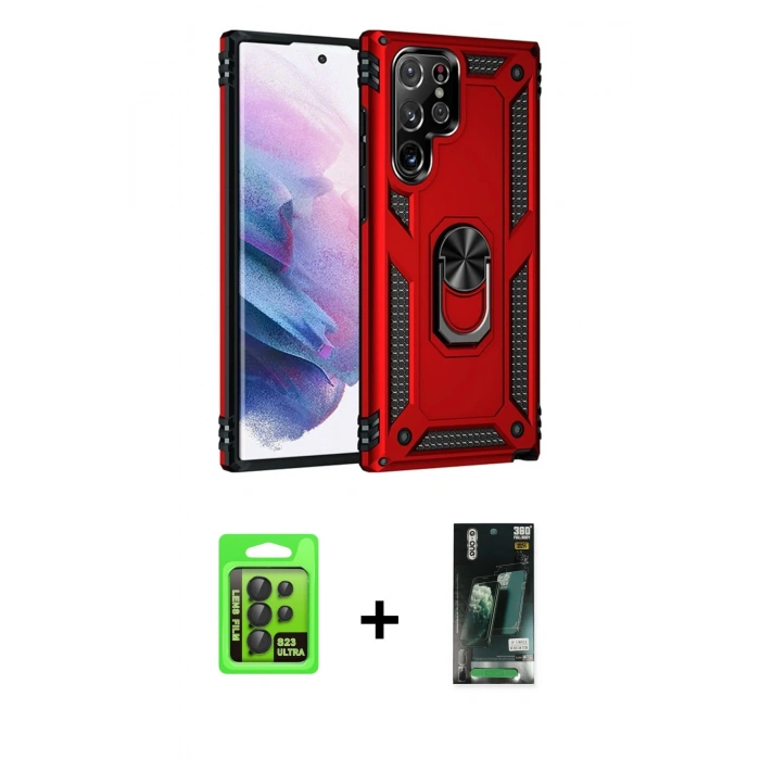 MARSİLYAN™- Galaxy S23 Ultra Kılıf Ahenk Klasik Koleksiyonu - Siyah 360 Mat Full Body Arka Koruyucu + Raze Metal Kamera Lens - SH