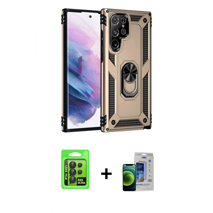 MARSİLYAN™- Galaxy S23 Ultra Kılıf Ahenk Klasik Koleksiyonu - Siyah Durable Full Glue Curved Cam + Raze Metal Kamera Lens - SH