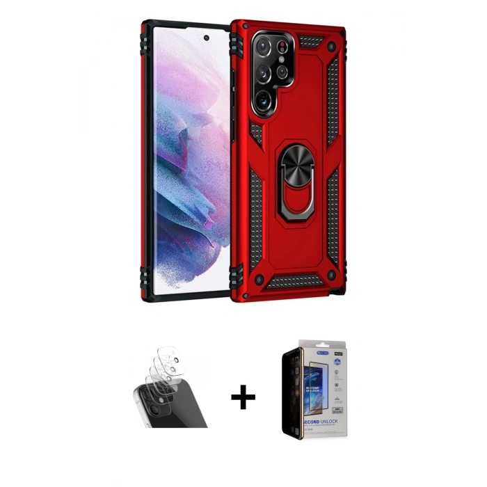 MARSİLYAN™- Galaxy S23 Ultra Kılıf Ahenk Klasik Koleksiyonu - Siyah Durable Full Glue Curved Hayalet Cam + Kamera Lens Koruma Cam - SF