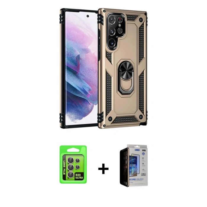 MARSİLYAN™- Galaxy S23 Ultra Kılıf Ahenk Klasik Koleksiyonu - Siyah Durable Full Glue Curved Hayalet Cam + Raze Metal Kamera Lens - LA