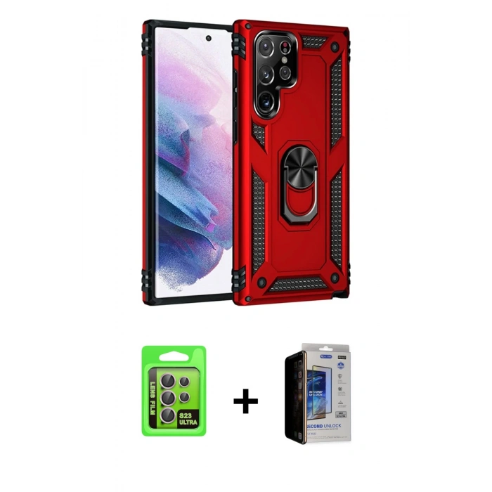 MARSİLYAN™- Galaxy S23 Ultra Kılıf Ahenk Klasik Koleksiyonu - Siyah Durable Full Glue Curved Hayalet Cam + Raze Metal Kamera Lens - LA