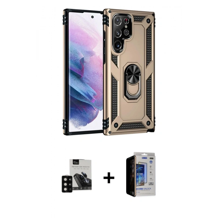 MARSİLYAN™- Galaxy S23 Ultra Kılıf Ahenk Klasik Koleksiyonu - Siyah Durable Full Glue Curved Hayalet Cam + PVD Metal Kamera Lens - SH