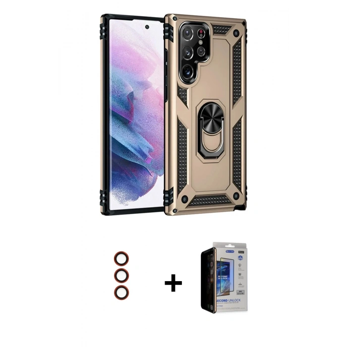 MARSİLYAN™- Galaxy S23 Ultra Kılıf Ahenk Klasik Koleksiyonu - Siyah Durable Full Glue Curved Hayalet Cam + Metal Kamera Lens - KI