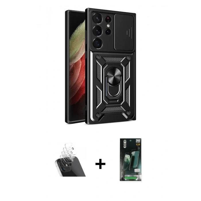 MARSİLYAN™- Galaxy S23 Ultra Kılıf Ahenk Klasik - Siyah 360 Mat Full Body Arka Koruyucu + Kamera Lens Koruma Cam - SF