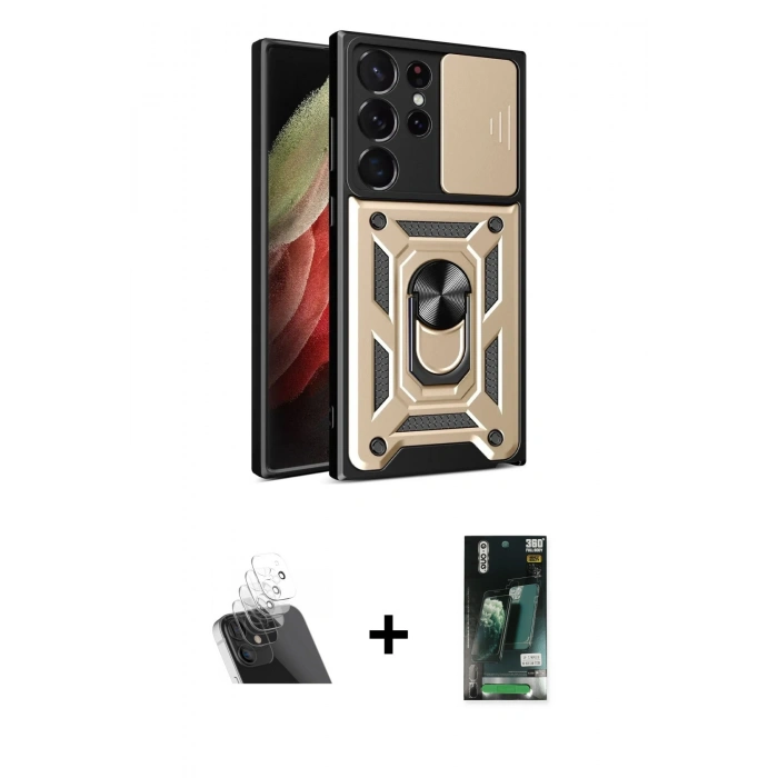 MARSİLYAN™- Galaxy S23 Ultra Kılıf Ahenk Klasik - Siyah 360 Mat Full Body Arka Koruyucu + Kamera Lens Koruma Cam - SF