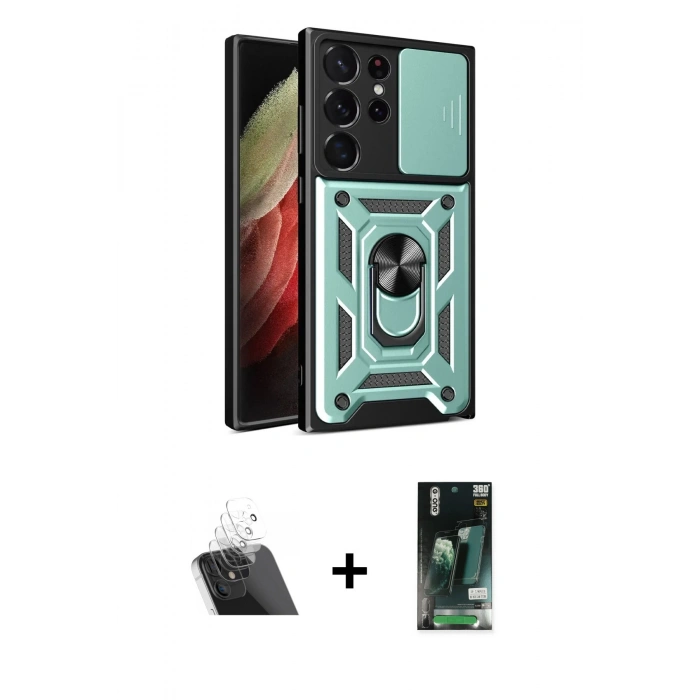 MARSİLYAN™- Galaxy S23 Ultra Kılıf Ahenk Klasik - Siyah 360 Mat Full Body Arka Koruyucu + Kamera Lens Koruma Cam - SF