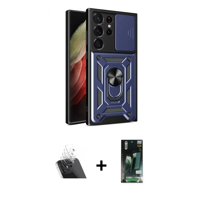 MARSİLYAN™- Galaxy S23 Ultra Kılıf Ahenk Klasik - Siyah 360 Mat Full Body Arka Koruyucu + Kamera Lens Koruma Cam - SF