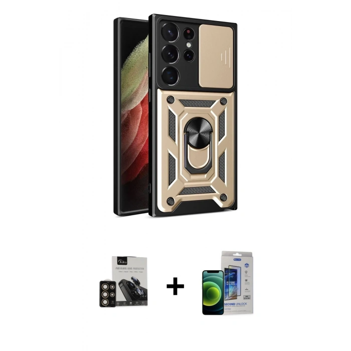 MARSİLYAN™- Galaxy S23 Ultra Kılıf Ahenk Klasik - Siyah Durable Full Glue Curved Cam + PVD Metal Kamera Lens - GD