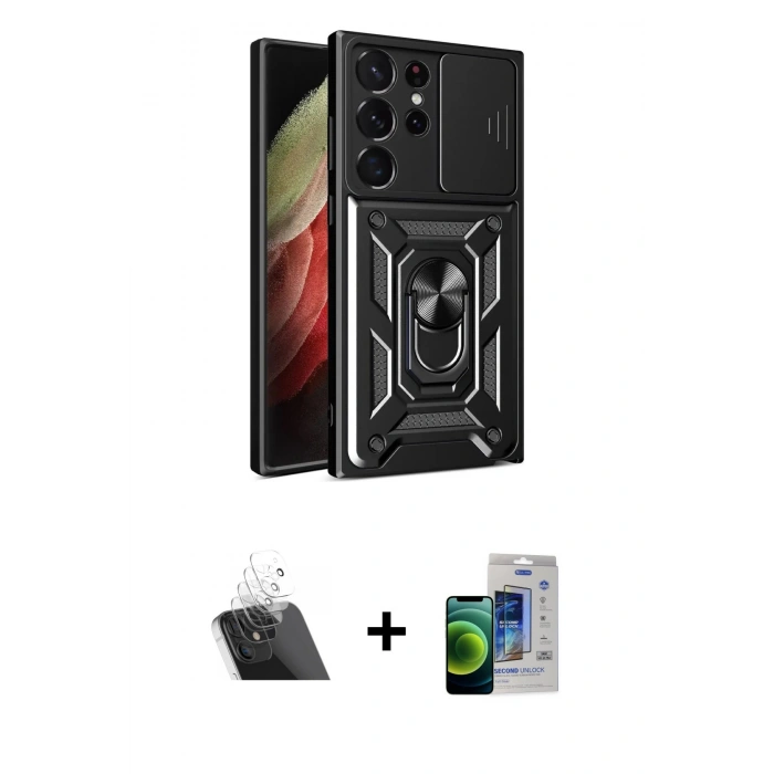 MARSİLYAN™- Galaxy S23 Ultra Kılıf Ahenk Klasik - Siyah Durable Full Glue Curved Cam + Kamera Lens Koruma Cam - SF