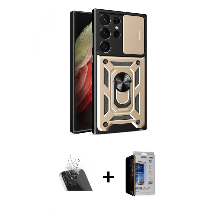 MARSİLYAN™- Galaxy S23 Ultra Kılıf Ahenk Klasik - Siyah Durable Full Glue Curved Hayalet Cam + Kamera Lens Koruma Cam - SF