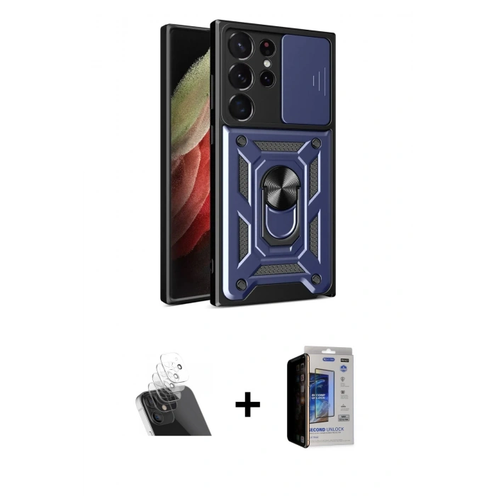 MARSİLYAN™- Galaxy S23 Ultra Kılıf Ahenk Klasik - Siyah Durable Full Glue Curved Hayalet Cam + Kamera Lens Koruma Cam - SF