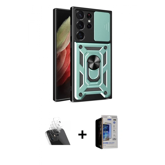 MARSİLYAN™- Galaxy S23 Ultra Kılıf Ahenk Klasik - Siyah Durable Full Glue Curved Hayalet Cam + Kamera Lens Koruma Cam - SF