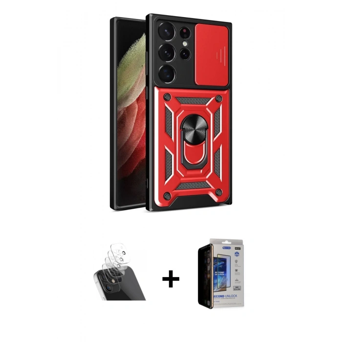 MARSİLYAN™- Galaxy S23 Ultra Kılıf Ahenk Klasik - Siyah Durable Full Glue Curved Hayalet Cam + Kamera Lens Koruma Cam - SF