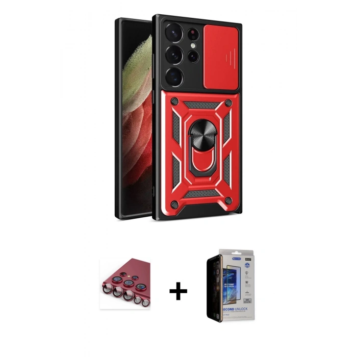 MARSİLYAN™- Galaxy S23 Ultra Kılıf Ahenk Klasik - Siyah Durable Full Glue Curved Hayalet Cam + Valdez Metal Kamera Lens - KI