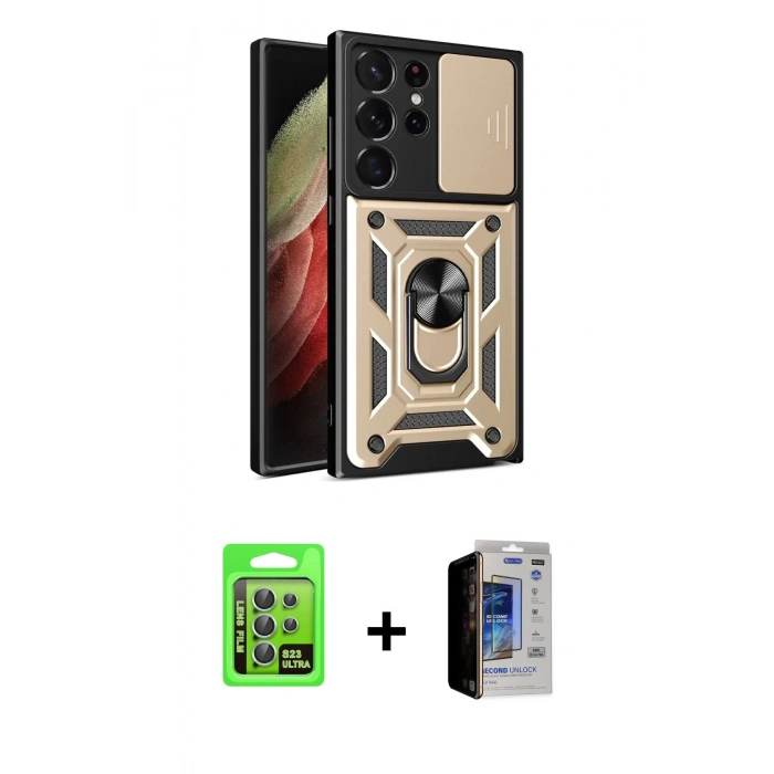 MARSİLYAN™- Galaxy S23 Ultra Kılıf Ahenk Klasik - Siyah Durable Full Glue Curved Hayalet Cam + Raze Metal Kamera Lens - YL