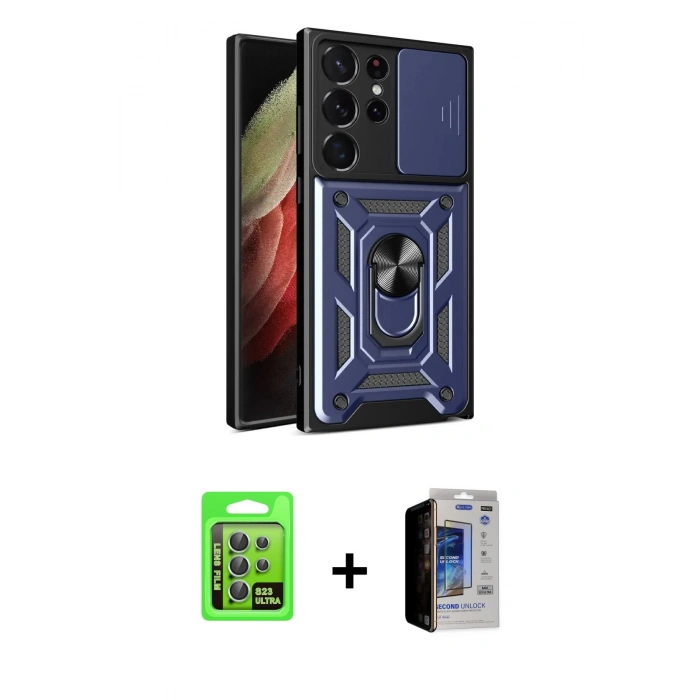 MARSİLYAN™- Galaxy S23 Ultra Kılıf Ahenk Klasik - Siyah Durable Full Glue Curved Hayalet Cam + Raze Metal Kamera Lens - YL