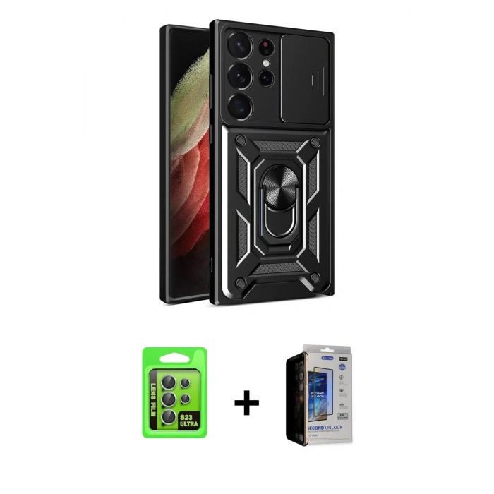 MARSİLYAN™- Galaxy S23 Ultra Kılıf Ahenk Klasik - Siyah Durable Full Glue Curved Hayalet Cam + Raze Metal Kamera Lens - YL