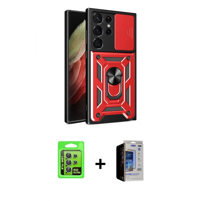 MARSİLYAN™- Galaxy S23 Ultra Kılıf Ahenk Klasik - Siyah Durable Full Glue Curved Hayalet Cam + Raze Metal Kamera Lens - YL