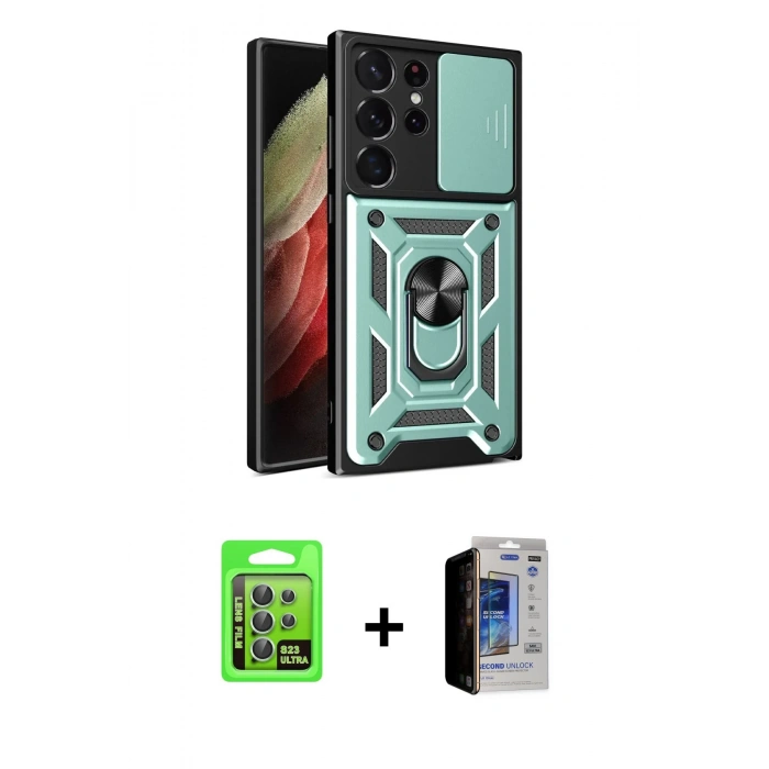 MARSİLYAN™- Galaxy S23 Ultra Kılıf Ahenk Klasik - Siyah Durable Full Glue Curved Hayalet Cam + Raze Metal Kamera Lens - YL