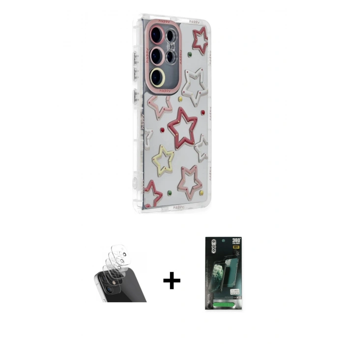 MARSİLYAN™- Galaxy S23 Ultra Kılıf Ahenk Modern Serisi - Siyah 360 Mat Full Body Arka Koruyucu + Kamera Lens Koruma Cam - SF