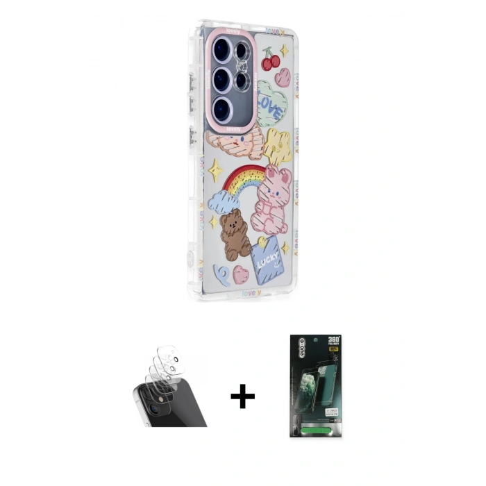 MARSİLYAN™- Galaxy S23 Ultra Kılıf Ahenk Modern Serisi - Siyah 360 Mat Full Body Arka Koruyucu + Kamera Lens Koruma Cam - SF