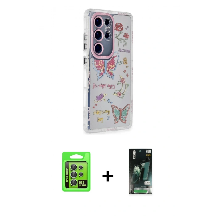 MARSİLYAN™- Galaxy S23 Ultra Kılıf Ahenk Modern Serisi - Siyah 360 Mat Full Body Arka Koruyucu + Raze Metal Kamera Lens - YL