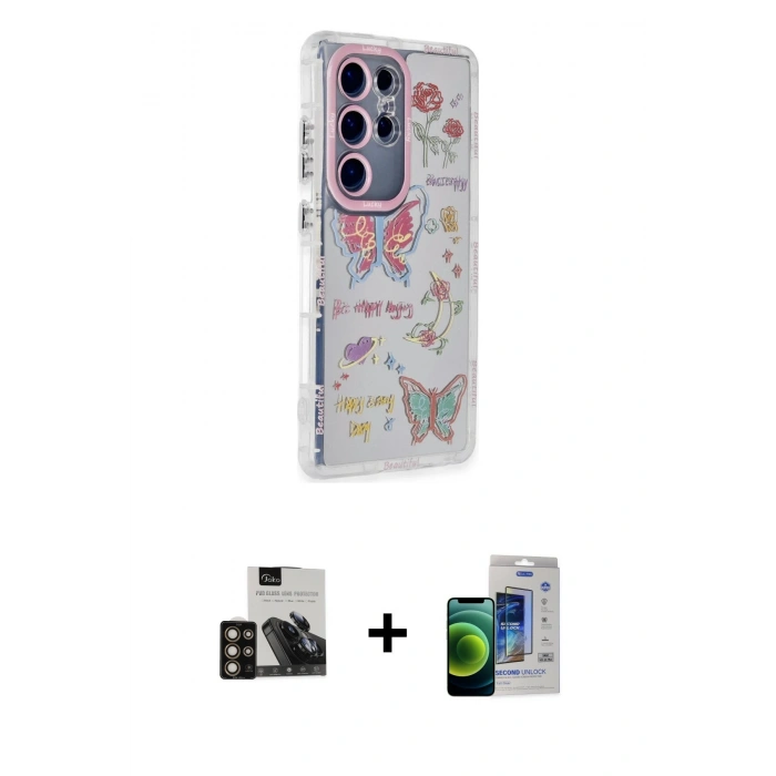 MARSİLYAN™- Galaxy S23 Ultra Kılıf Ahenk Modern Serisi - Siyah Durable Full Glue Curved Cam + Gold PVD Metal Kamera Lens