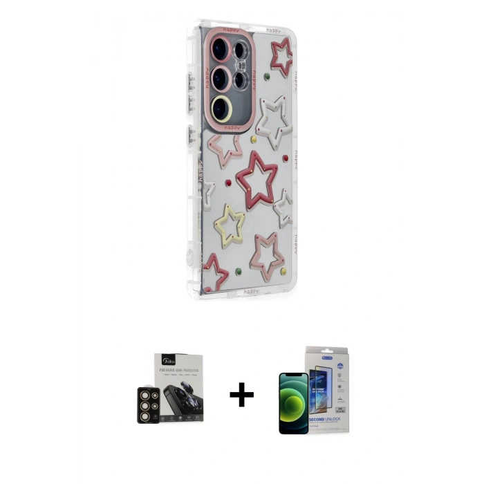 MARSİLYAN™- Galaxy S23 Ultra Kılıf Ahenk Modern Serisi - Siyah Durable Full Glue Curved Cam + Gold PVD Metal Kamera Lens