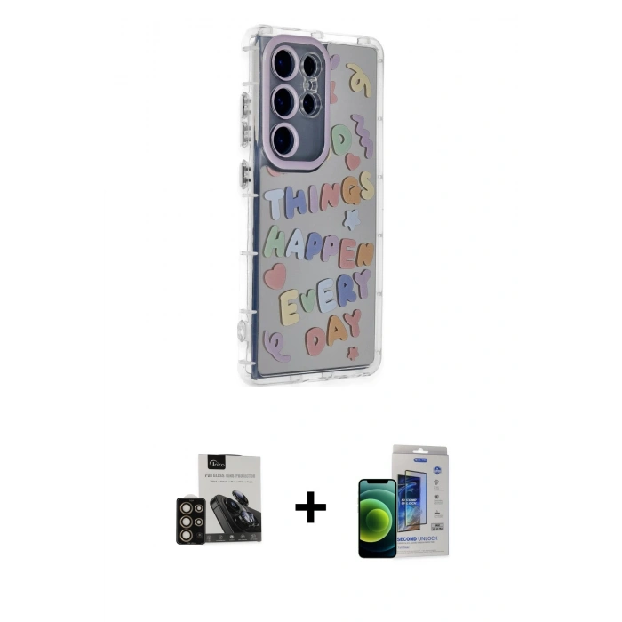 MARSİLYAN™- Galaxy S23 Ultra Kılıf Ahenk Modern Serisi - Siyah Durable Full Glue Curved Cam + Gold PVD Metal Kamera Lens